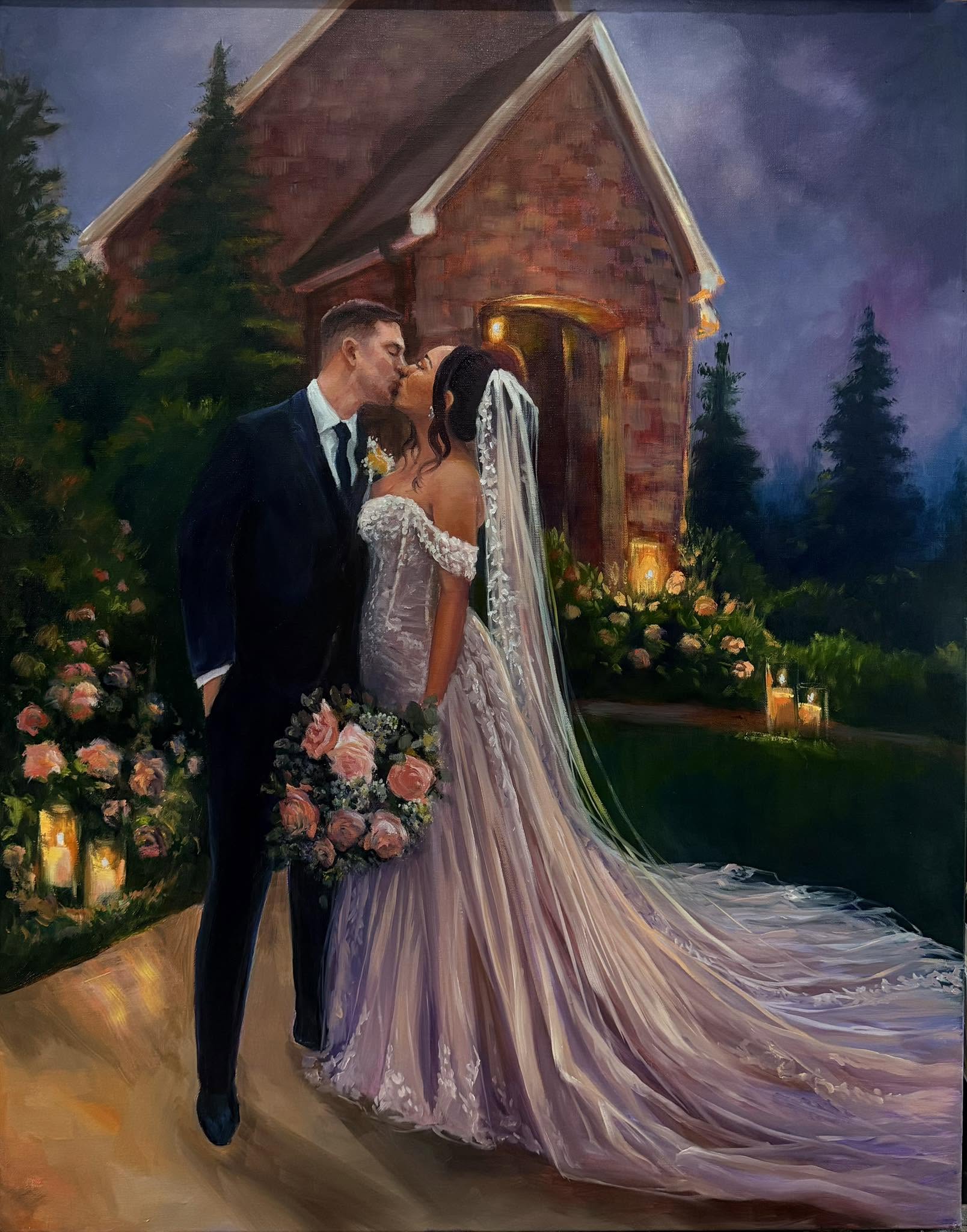A bride and groom stand close outside a church at night, surrounded by flowers and candles, with trees in the background.