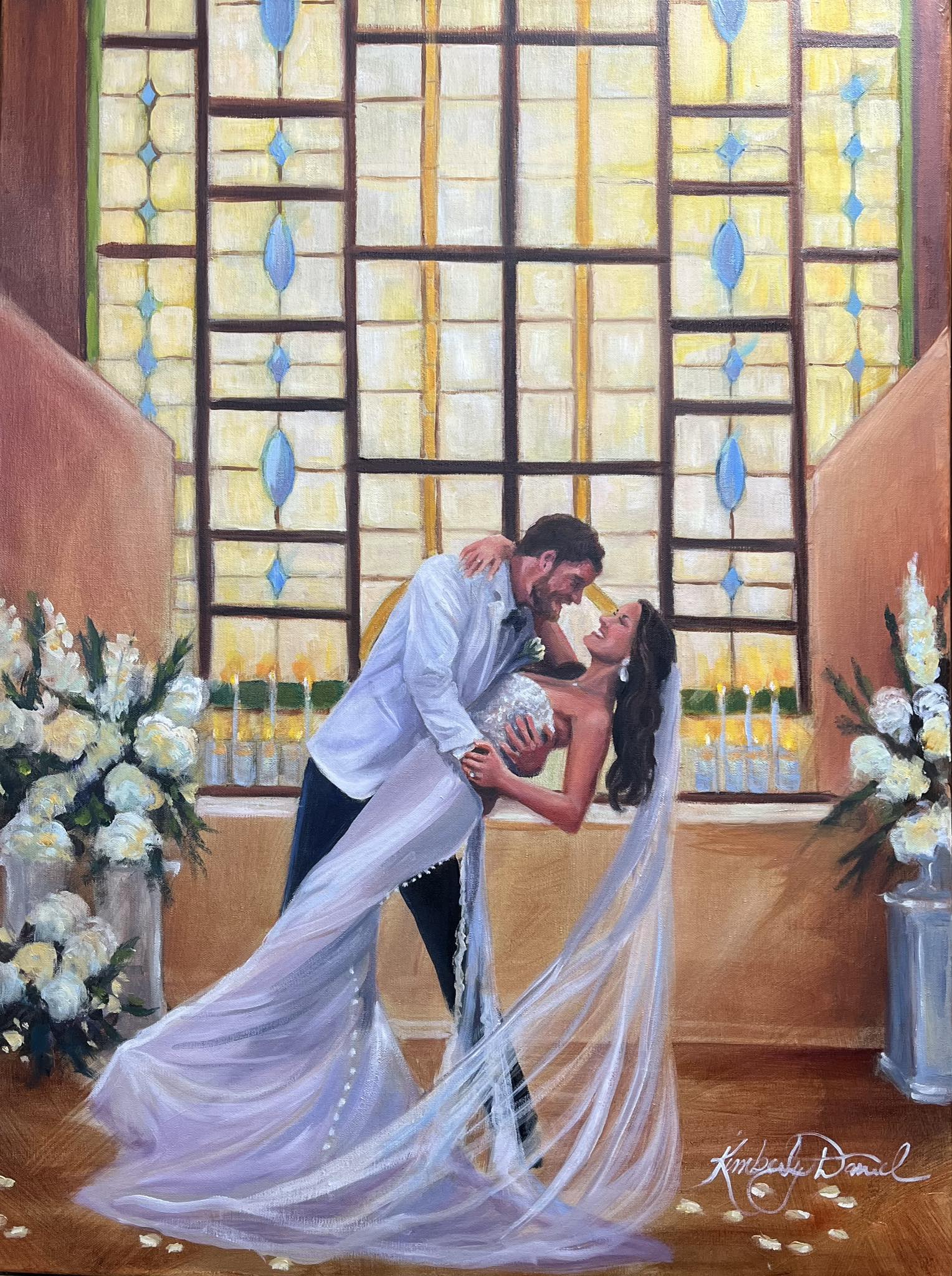 Couple dancing in front of a stained glass window with floral arrangements on sides, woman in a white dress, man in a suit.