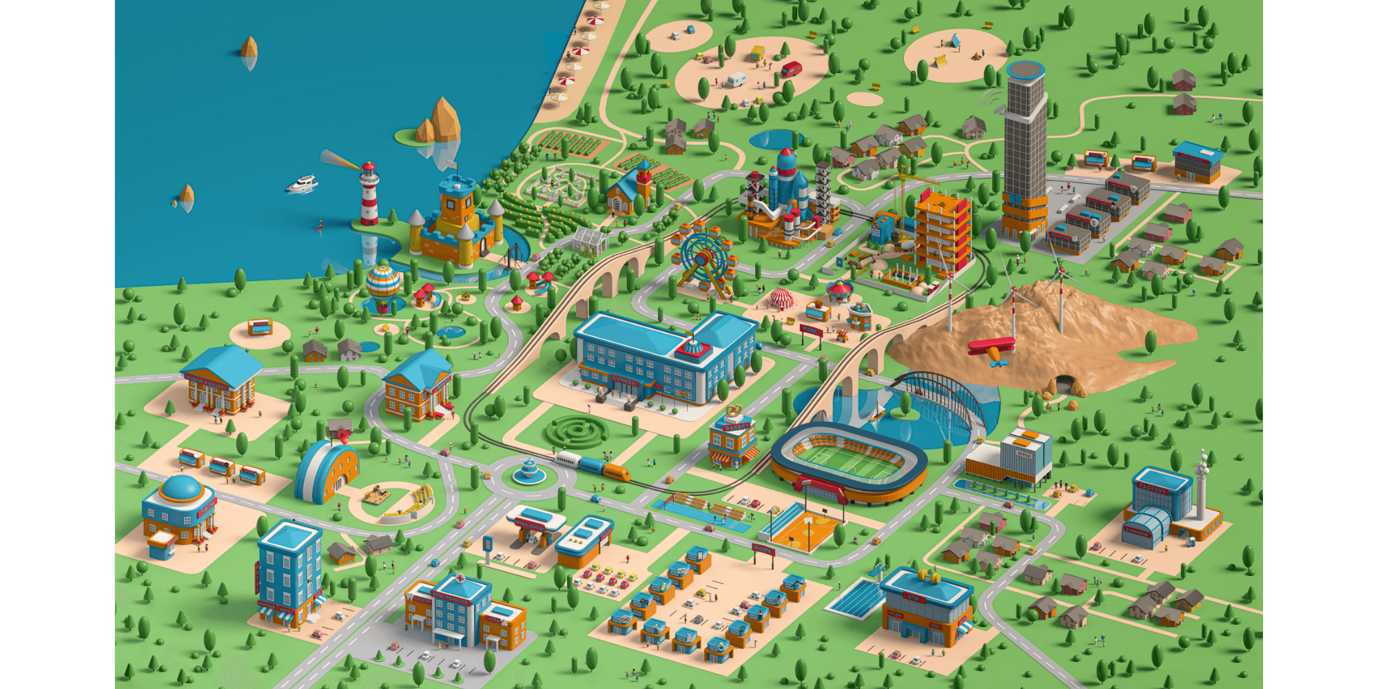 Colorful amusement park with rides, buildings, water, and green areas, viewed from above.
