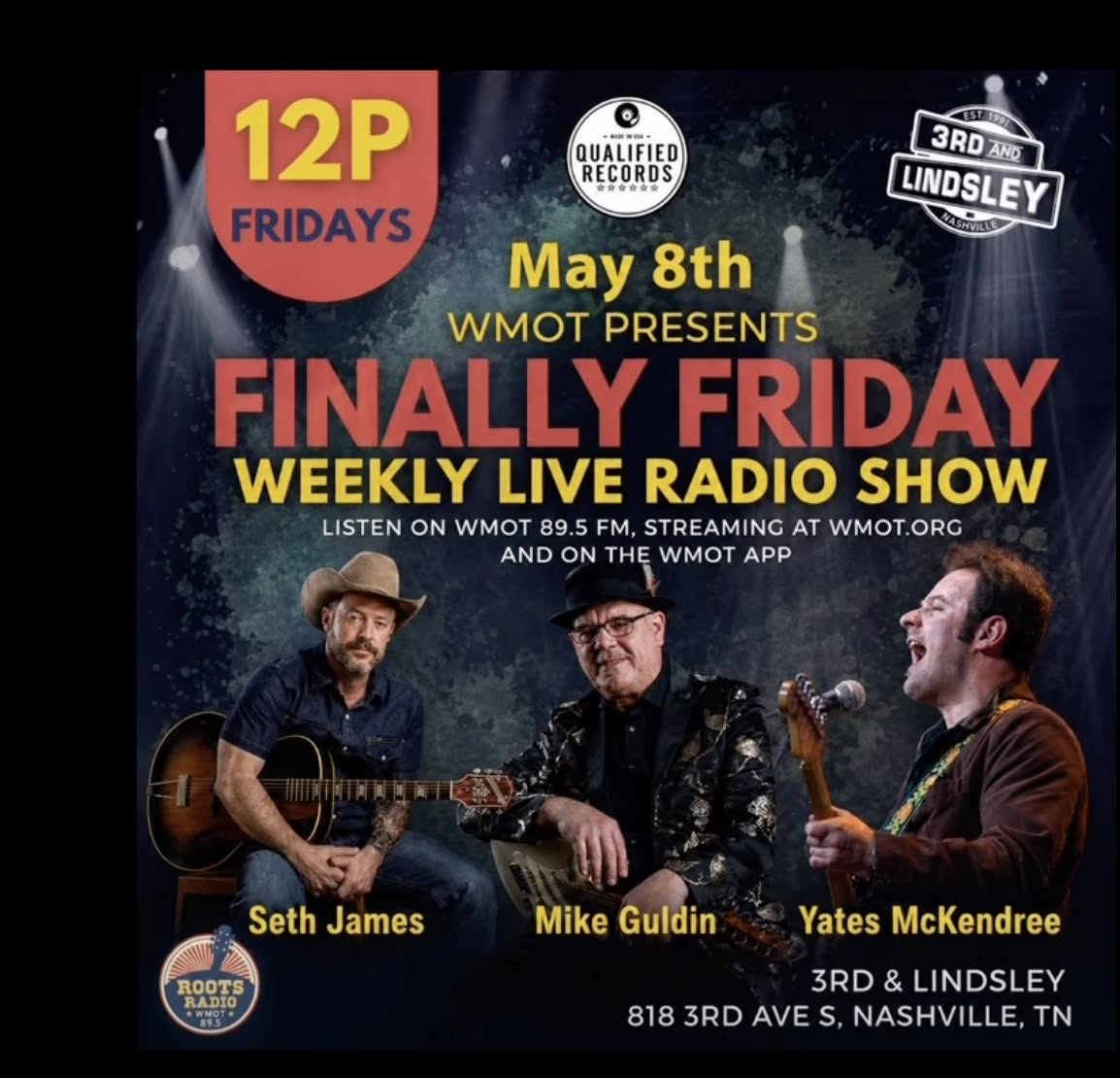 Three musicians with guitars perform on stage at a radio show event, with event details and date displayed.