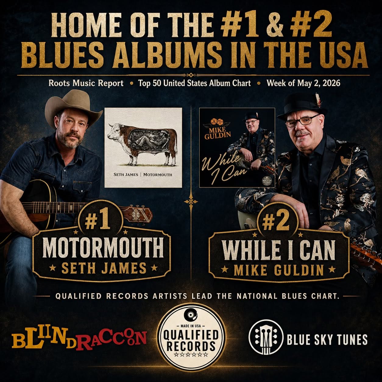 Album cover with two musicians, one with guitar, text about blues albums, and logos for record labels.