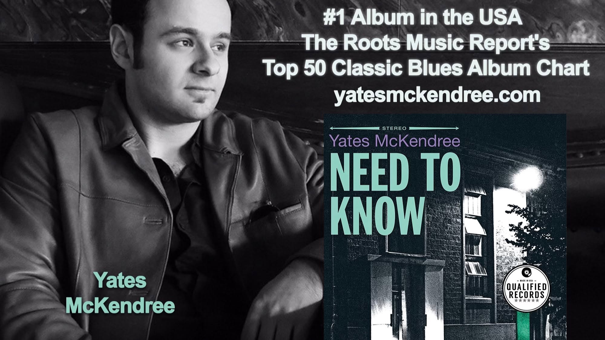 Black and white photo of a man with text about blues album chart and website, with album cover image. Word count: 27