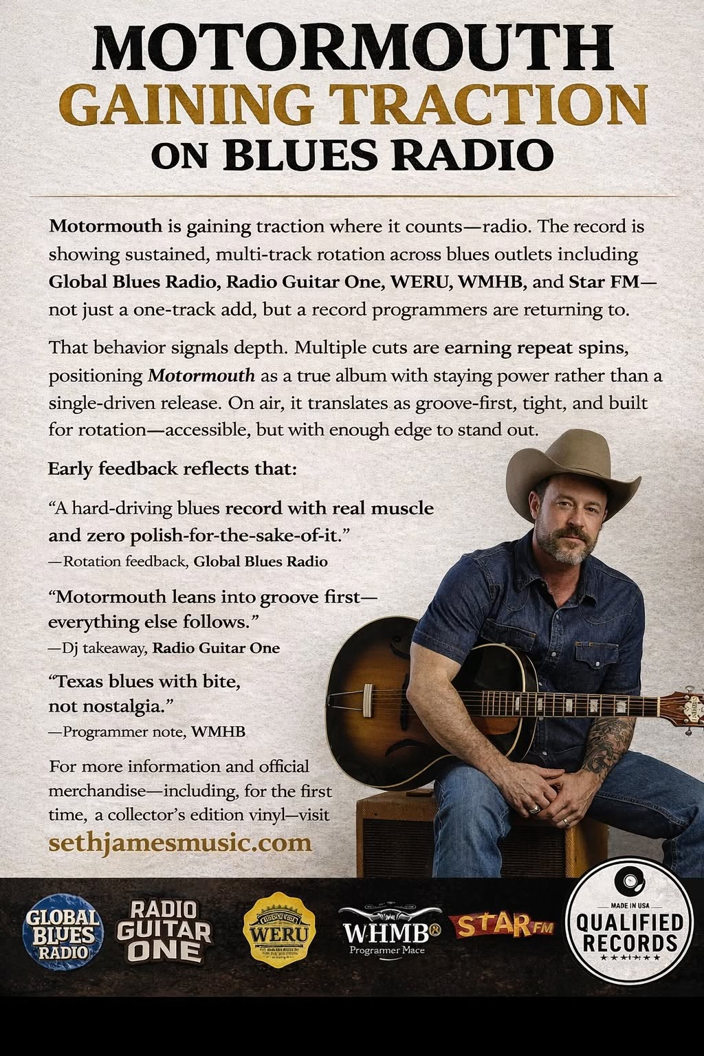 Man with a hat playing guitar, promotional poster for Motormouth on blues radio, with logos and text about music and records.