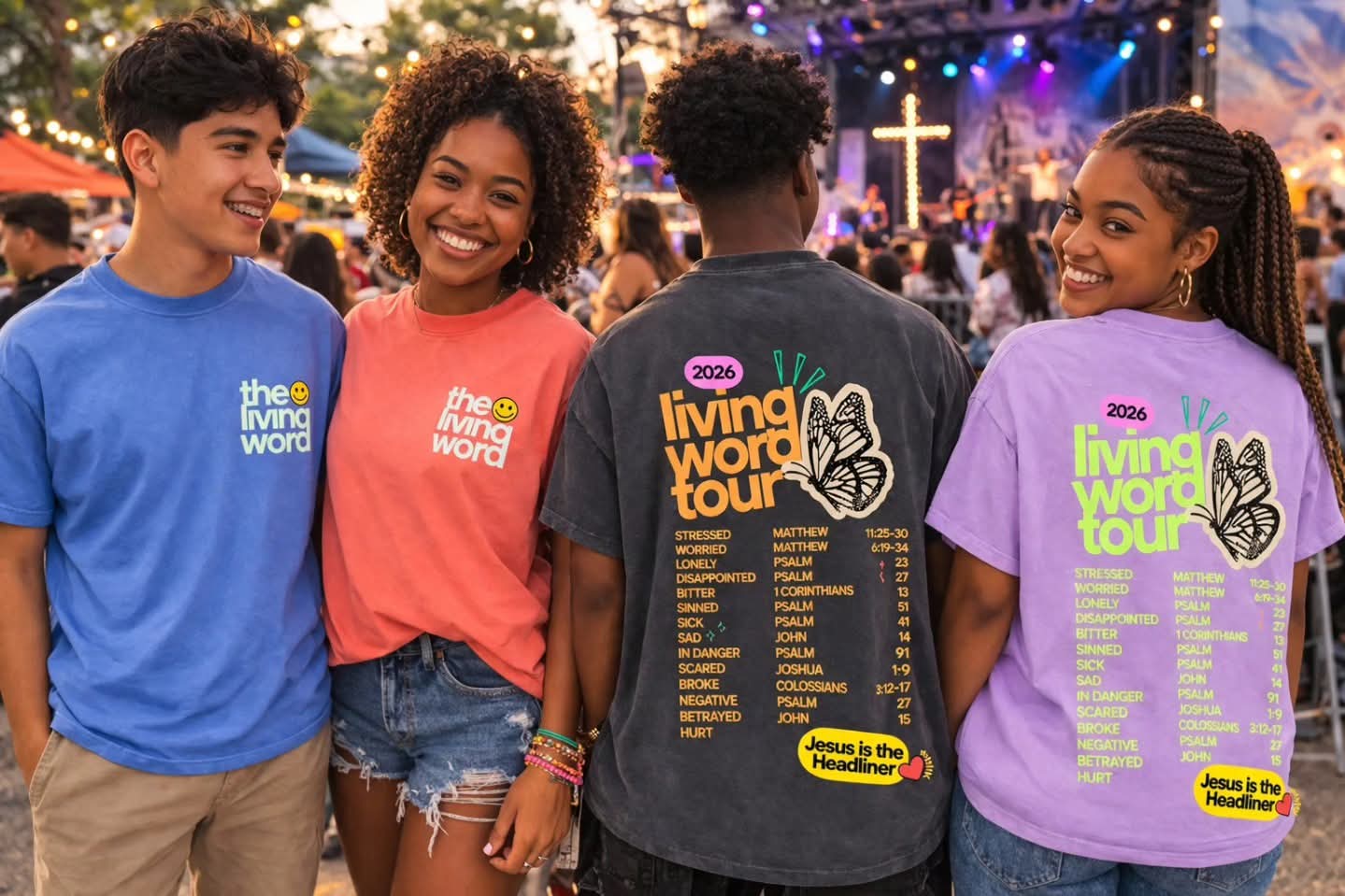 Four young people smiling at an outdoor event with a stage and cross in the background, wearing colorful tour shirts.