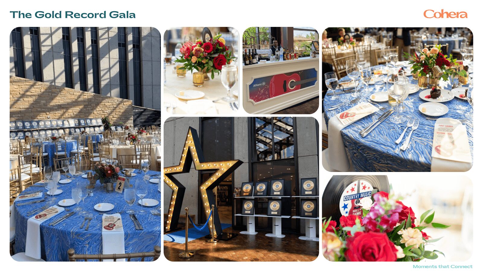 Collage of images showing a decorated event space with blue tablecloths, floral centerpieces, and a star-shaped decoration.