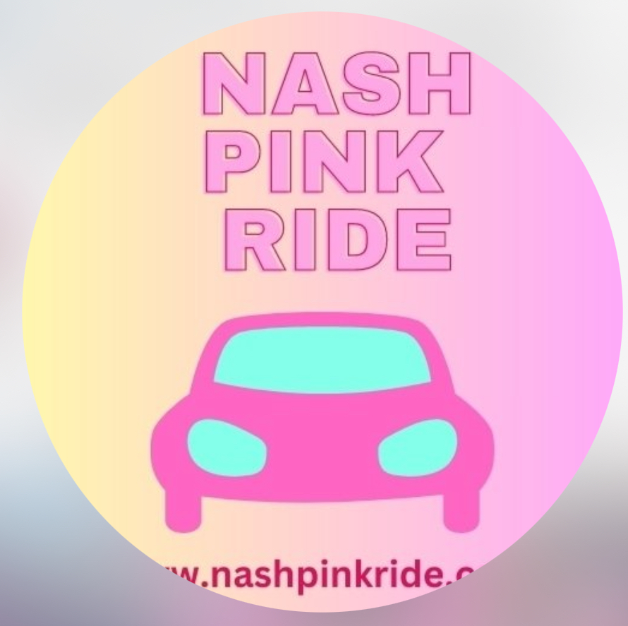Pink car illustration with text 'NASH PINK RIDE' above, pastel background, website URL at bottom, circular design.