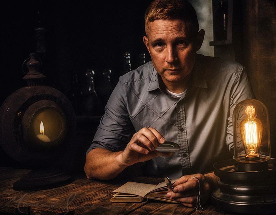 Man sitting at a table with a notebook, holding a pen, illuminated by a vintage lamp, dark background.