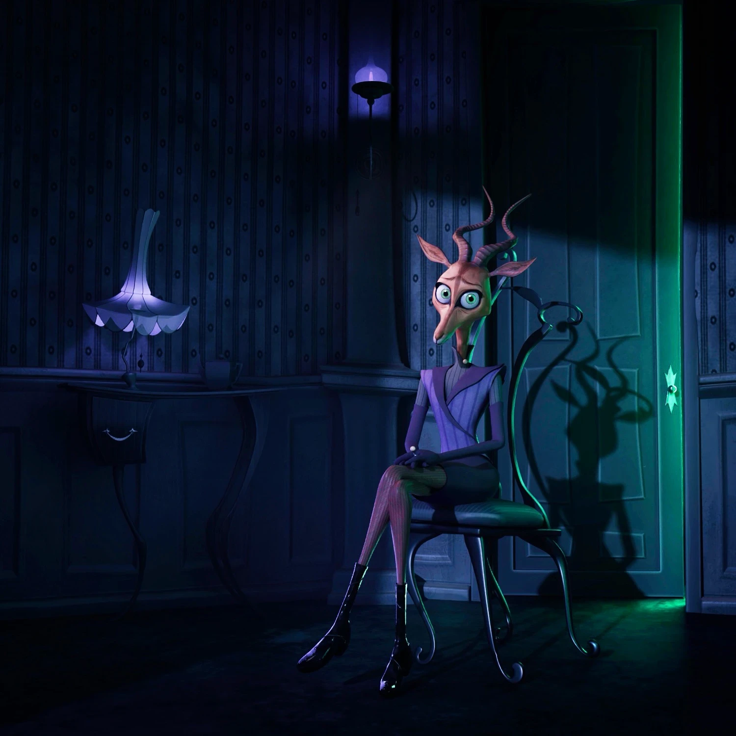 A cartoonish creature with antlers and large eyes sits on a chair in a dimly lit room with blue walls and a door.