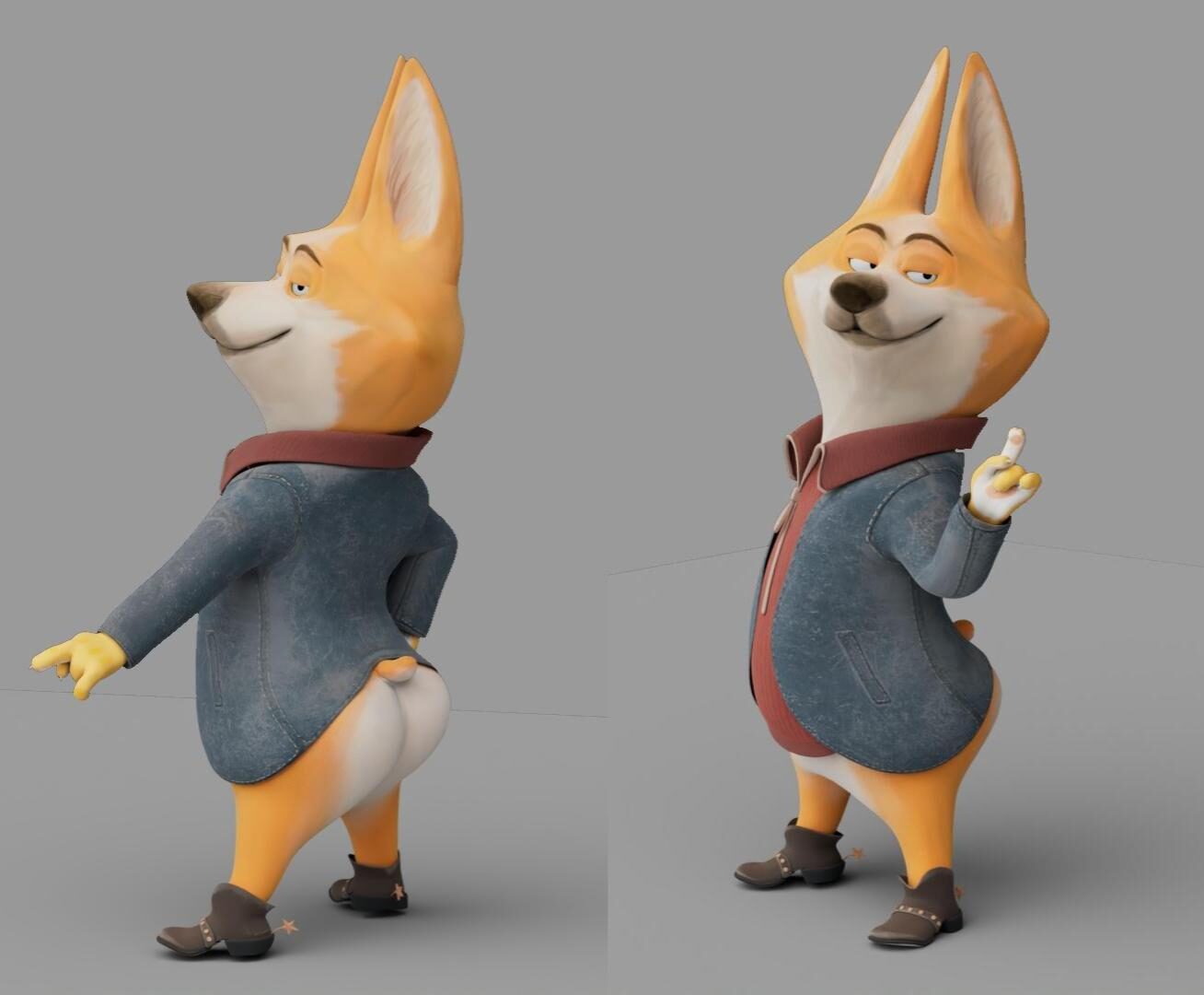 Cartoon fox character in a blue coat, standing sideways and smiling, with a confident pose, gray background.