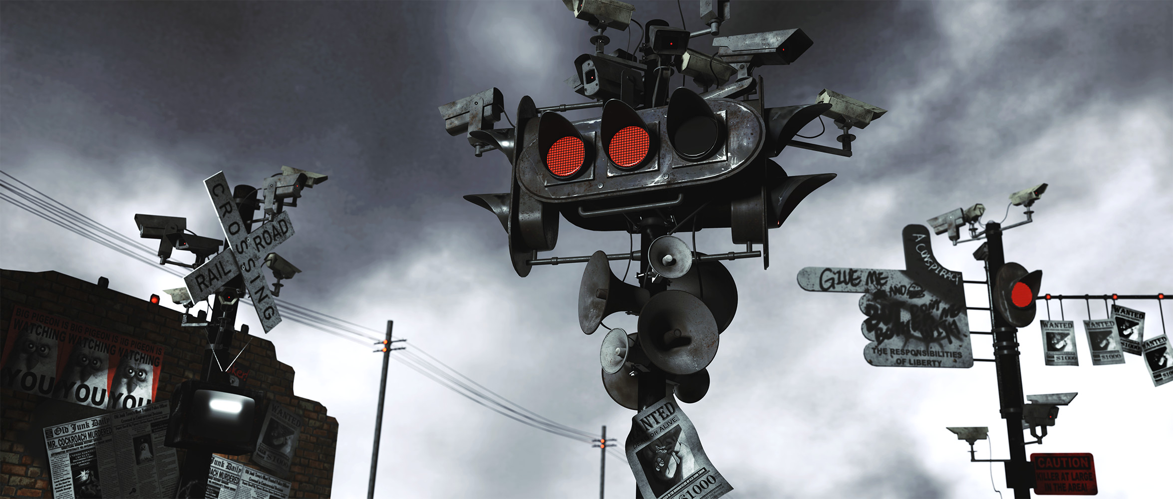 Multiple railway crossing signals with red lights against a cloudy sky, some signals appear tilted or damaged.