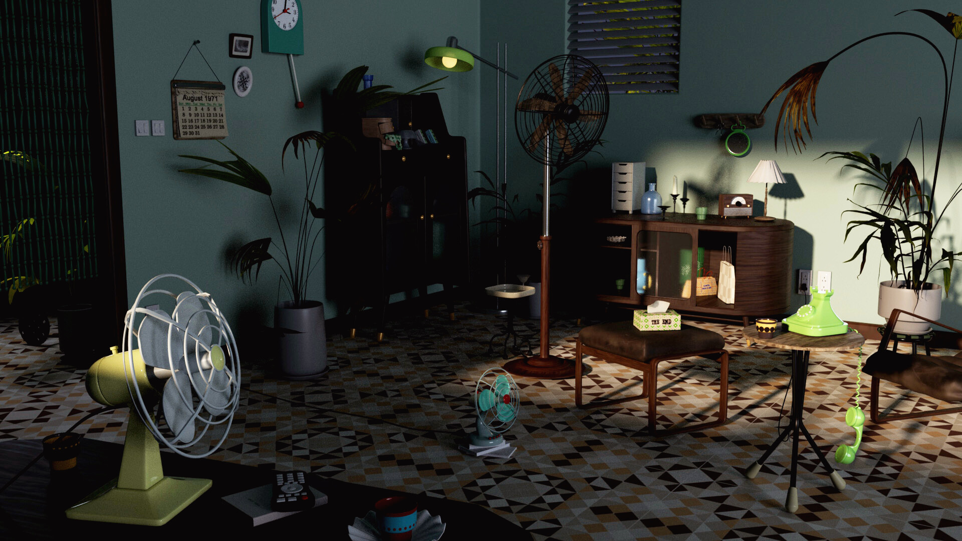 Indoor room with plants, furniture, and a fan, illuminated by a greenish light, with a patterned floor.