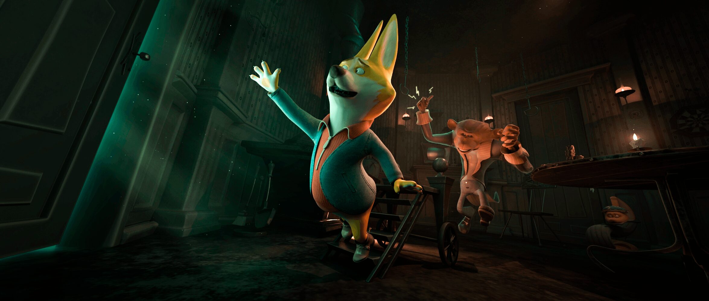 Animated character with a large beak and colorful outfit waving, with two other characters in a dark room.