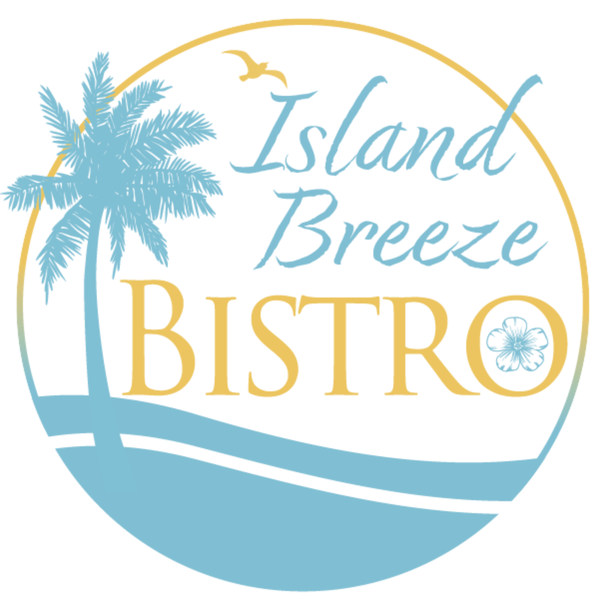 Logo with a palm tree, seagull, and ocean wave, featuring the text 'Island Breeze Bistro' in blue and yellow.