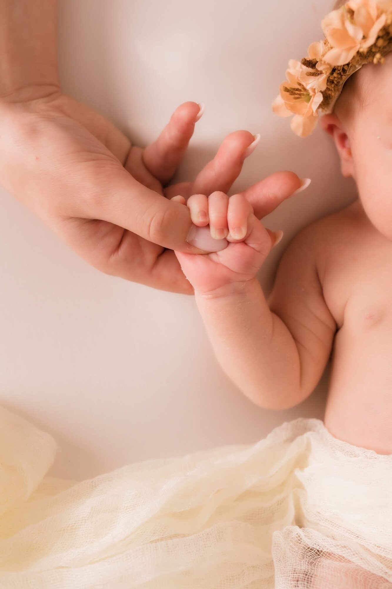 Adult hand gently holding a baby's tiny hand, baby wearing a flower crown, soft background, warm tones.