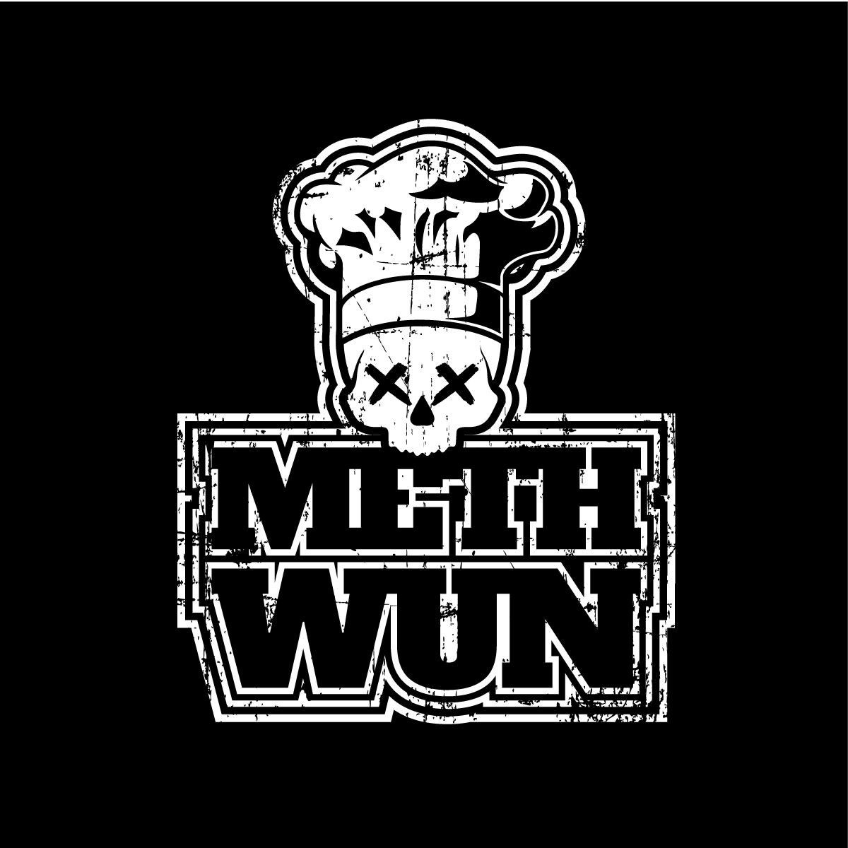 Logo with a chef's hat, skull with X eyes, and bold text 'METH WUN' on a black background.