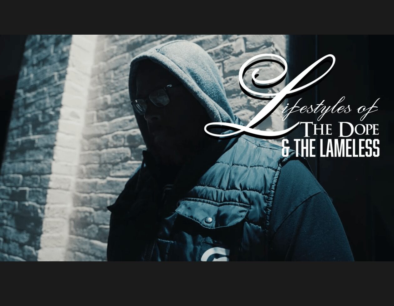 Person wearing a hoodie and sunglasses standing against a brick wall, with text overlay about lifestyles and dope culture.
