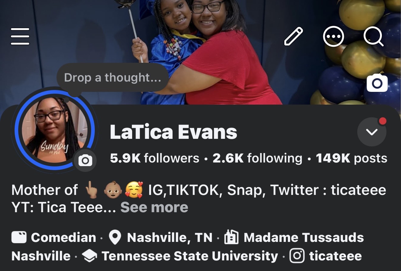 Profile header with two children hugging, profile picture of a woman, and social media details.