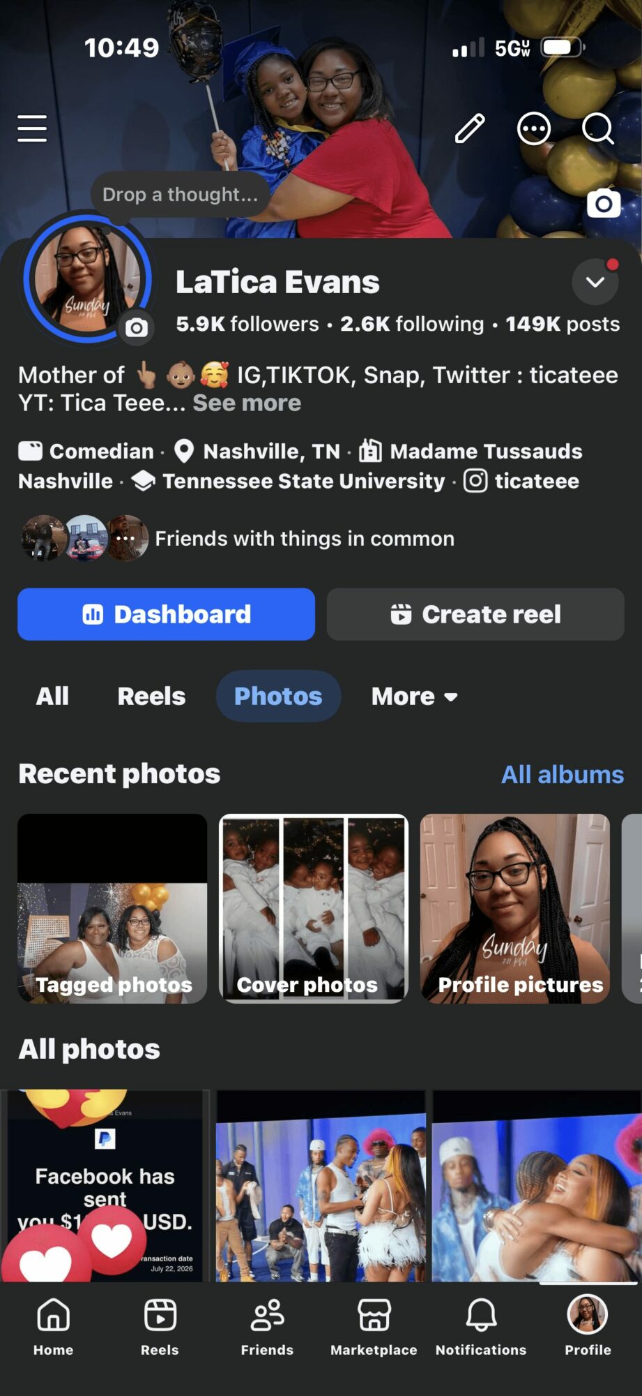 Screenshot of a social media profile page with a profile picture, name, and various posts, including photos and videos.