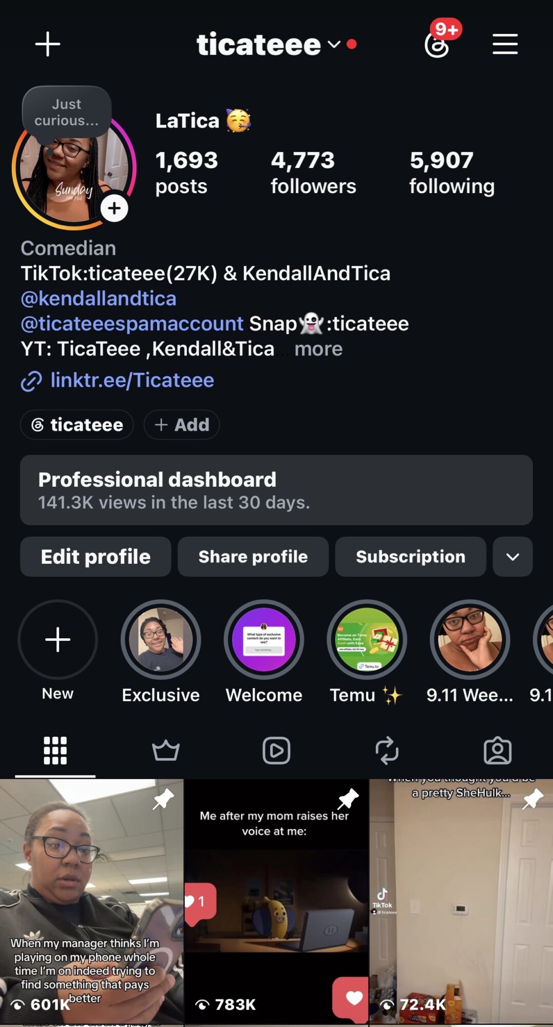 Screenshot of TikTok profile page with profile picture, username, follower count, and video thumbnails.
