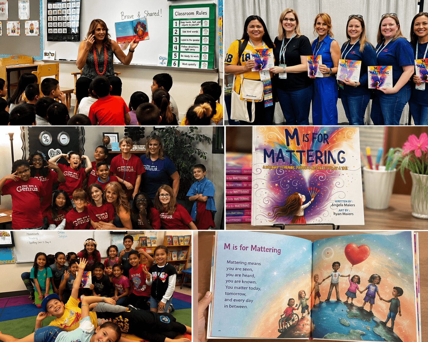 Group of children and adults in classroom, some holding books, with a teacher at the whiteboard; group of women holding books; children in red shirts; open book with children and heart-shaped balloon illustration.