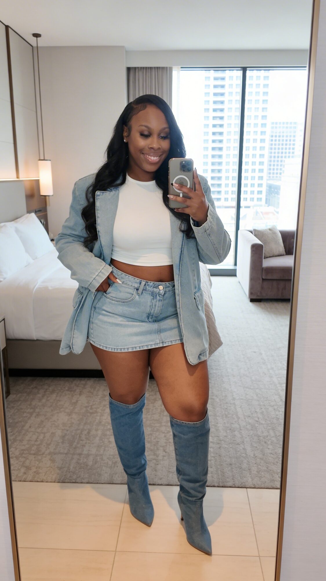 Woman taking a mirror selfie in a hotel room with city view, wearing a denim skirt, gray blazer, and thigh-high boots.