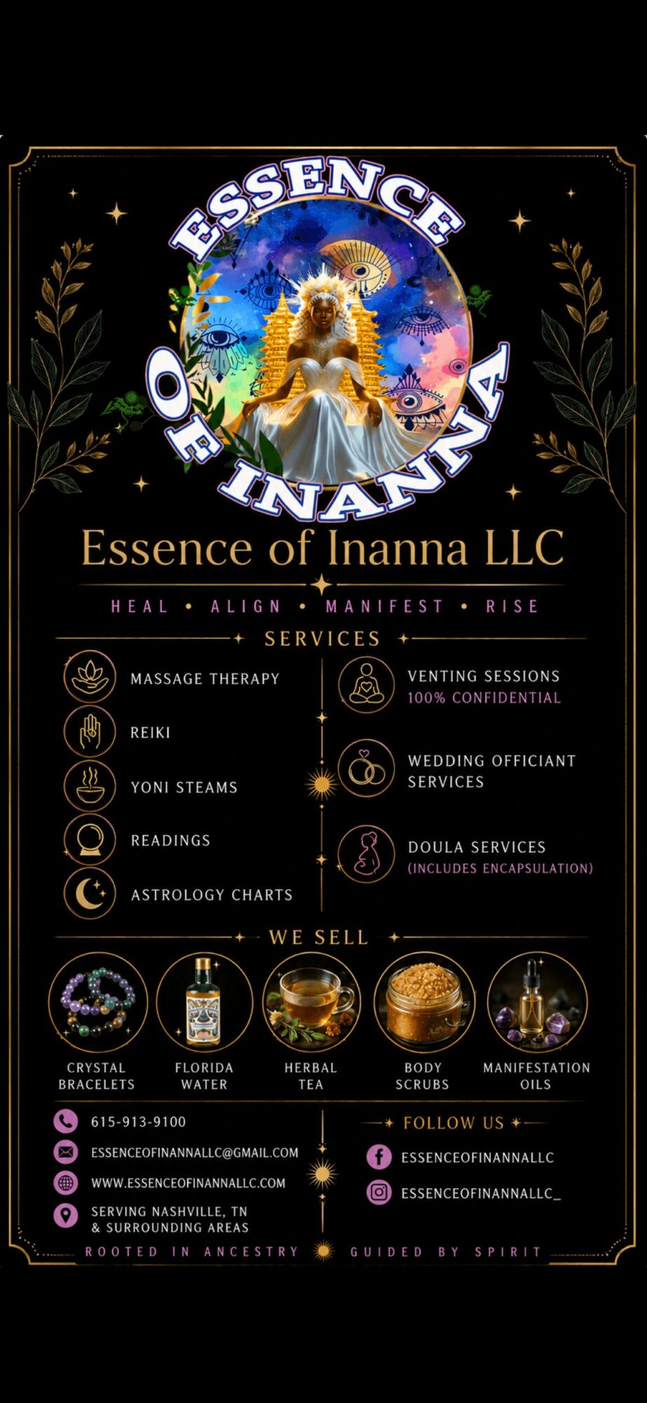 Vertical promotional poster for Essence of Inanna LLC, featuring services like massage, tarot, and astrology, with decorative elements.