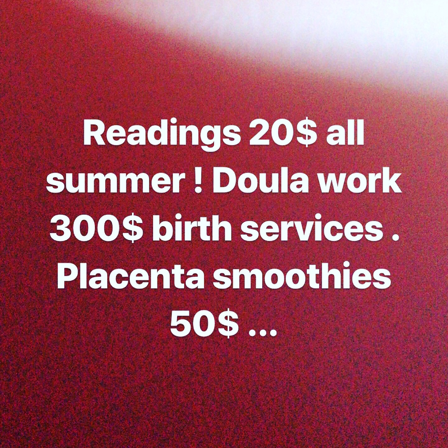 Text on a red background advertising summer discounts on doula work, birth services, and smoothies.