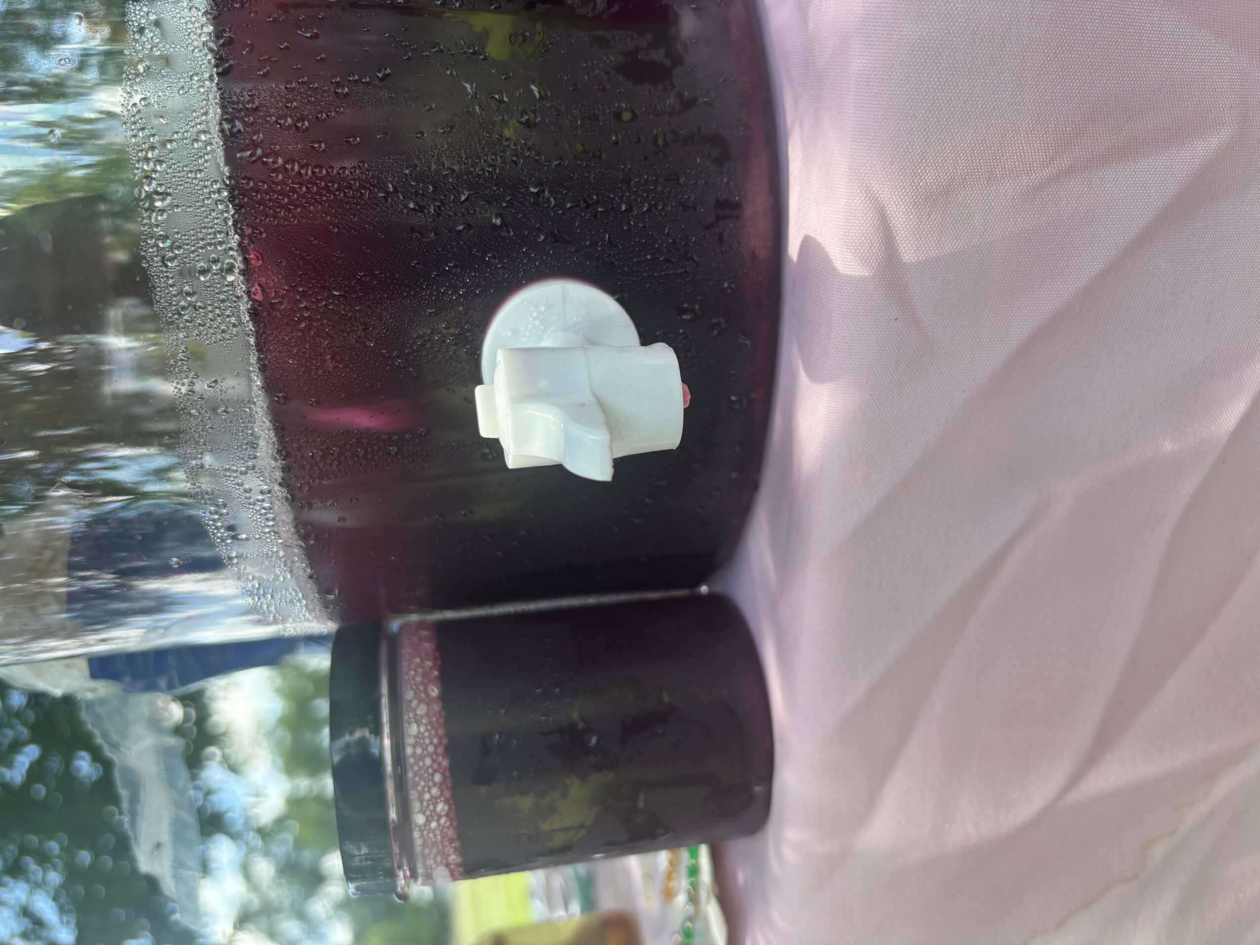 Two black cylindrical objects with a white plastic component on top, placed on a white surface with a background of trees and sky.