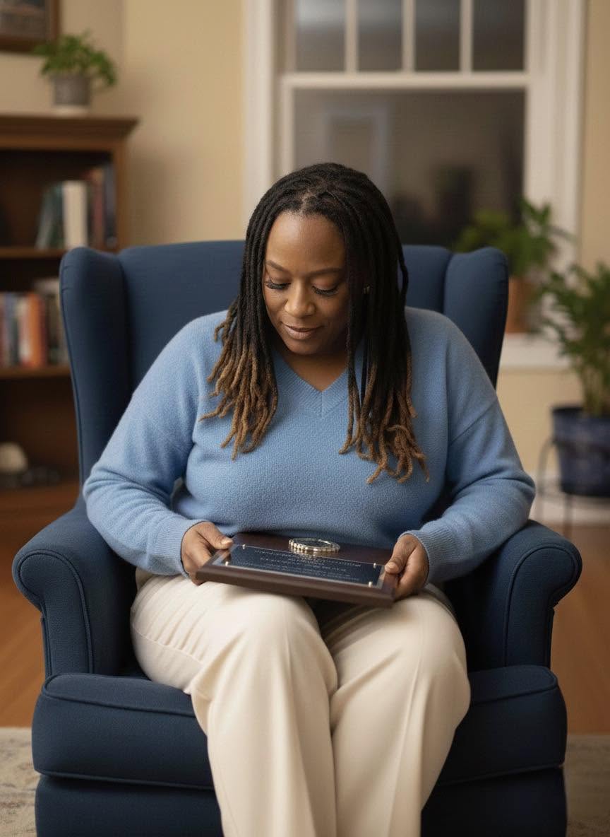 Woman sitting in a blue armchair, looking at a tablet, in a cozy room with a window and bookshelf.