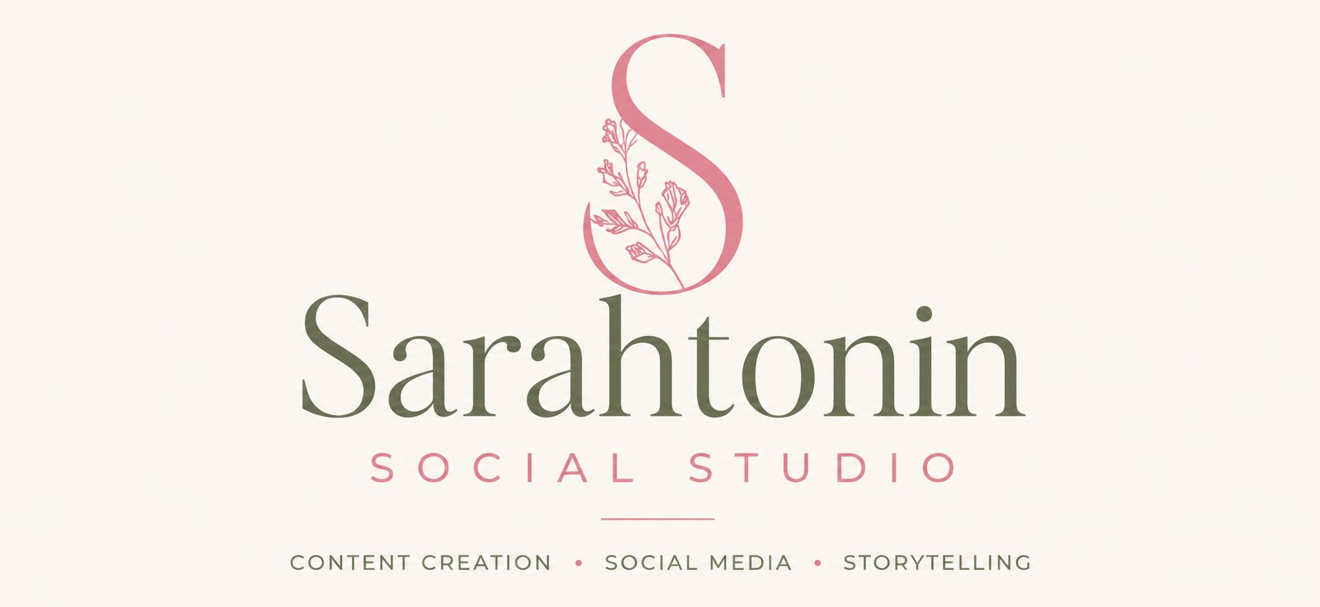 Logo with a large pink letter S, floral design, and text for Sarahtonin Social Studio, including services listed below.