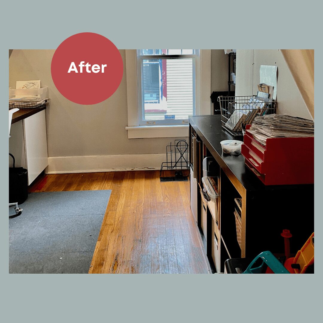 Room with wooden floor, window, and shelves, showing organized items and a red circle with 'After' text.