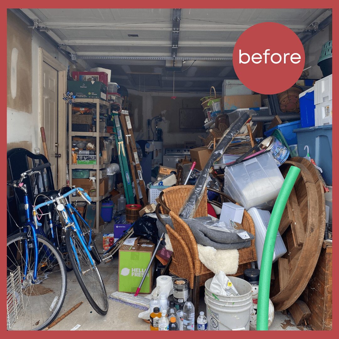 Garage cluttered with bicycles, boxes, tools, and household items, with a red circle labeled 'before' in the upper right corner.