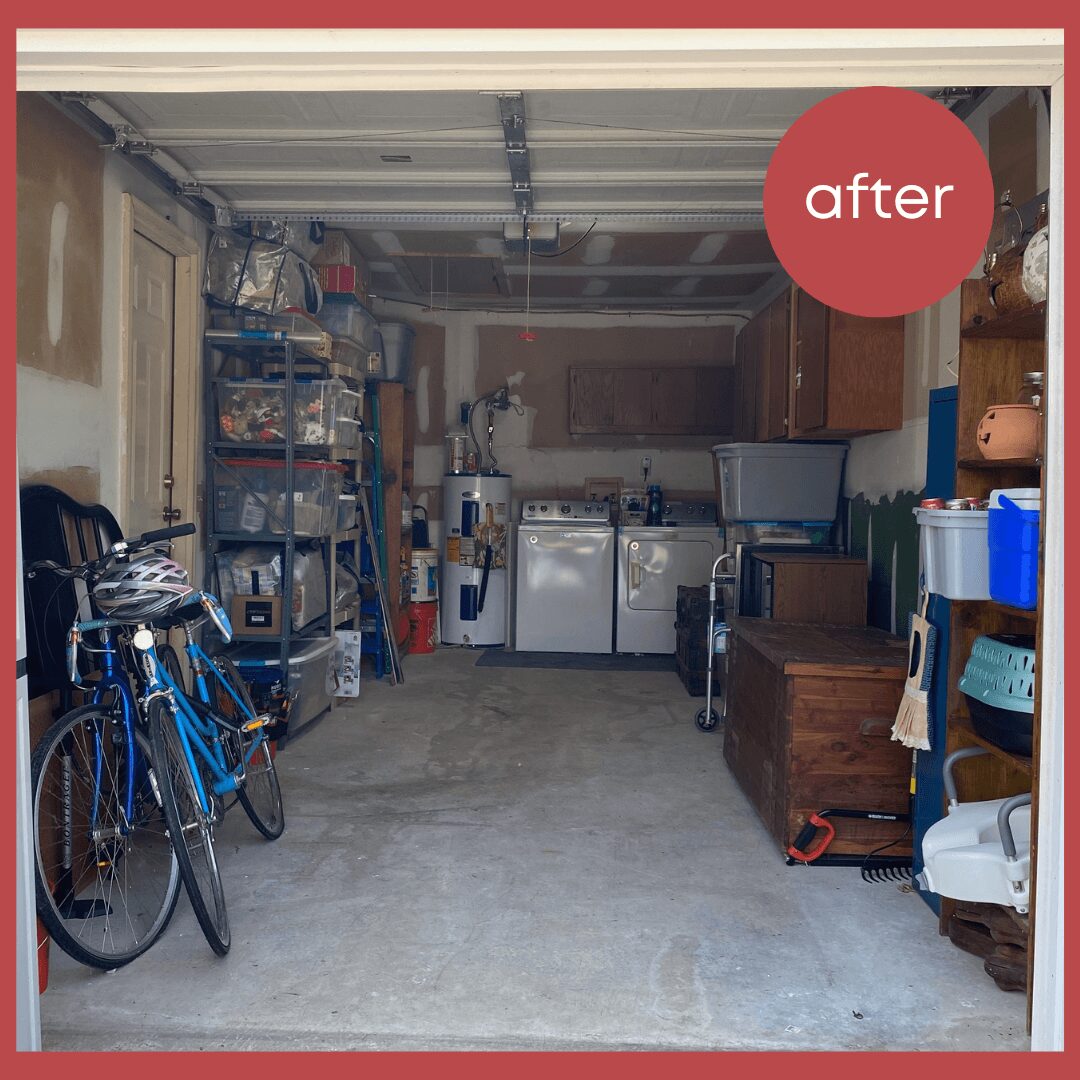 Garage with organized shelves, bicycles, and storage items, labeled 'after'.