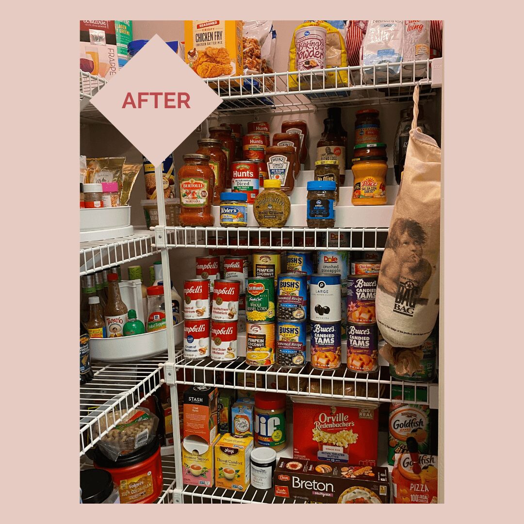 Pantry shelf with canned goods, jars, and a paper bag, organized on wire racks, with an 'AFTER' sign. Word count: 20.