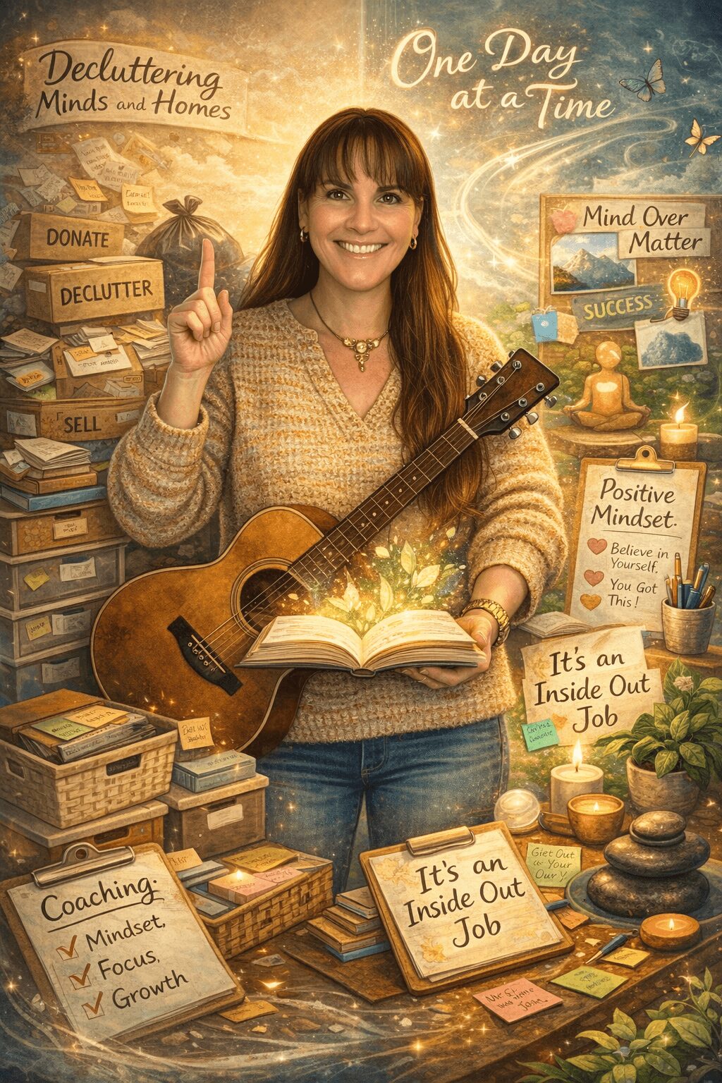Woman holding guitar and pointing upward, surrounded by books, candles, and motivational signs in a cozy setting.
