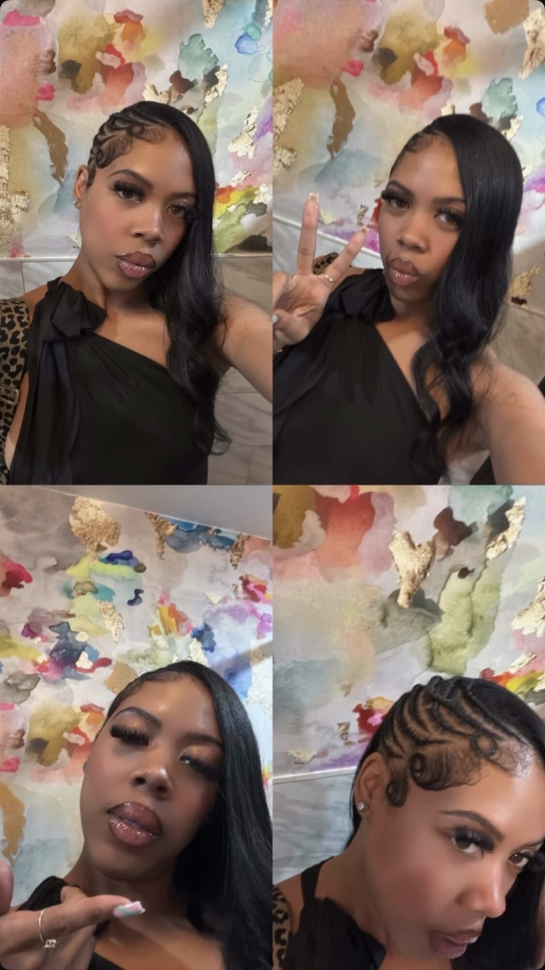 Four images of a woman with long black hair, posing in front of a colorful abstract background, making different facial expressions and gestures.