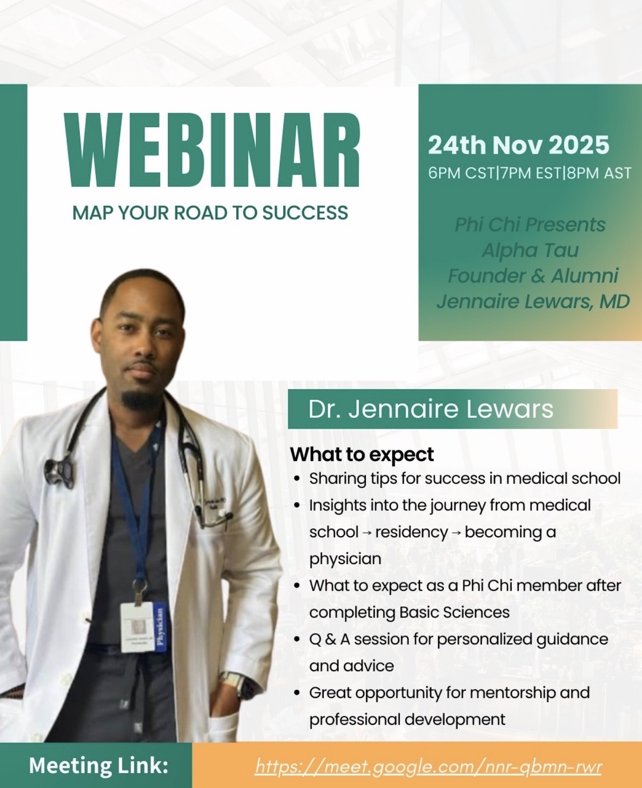 Webinar poster featuring a doctor in a white coat with stethoscope, event details, and a meeting link.