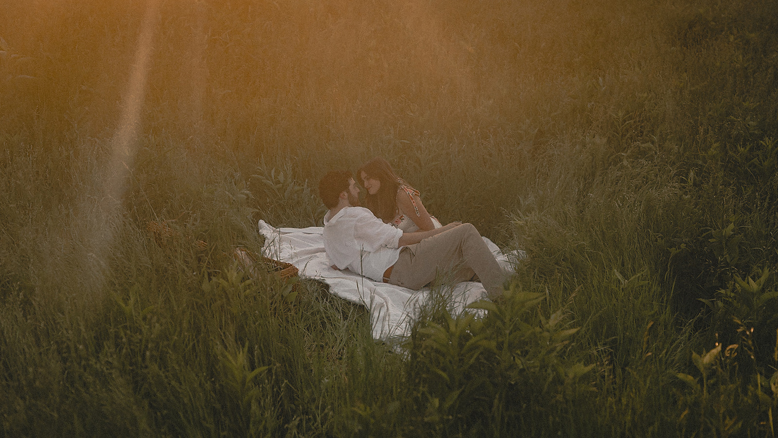 Two people lying on a blanket in a grassy field, embracing each other, with sunlight filtering through trees.