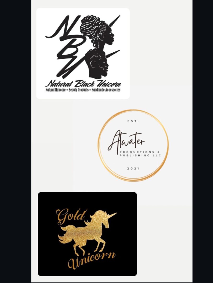 Three logos: a black and white silhouette of a woman with a headwrap, a circular logo with text, and a gold unicorn with text.