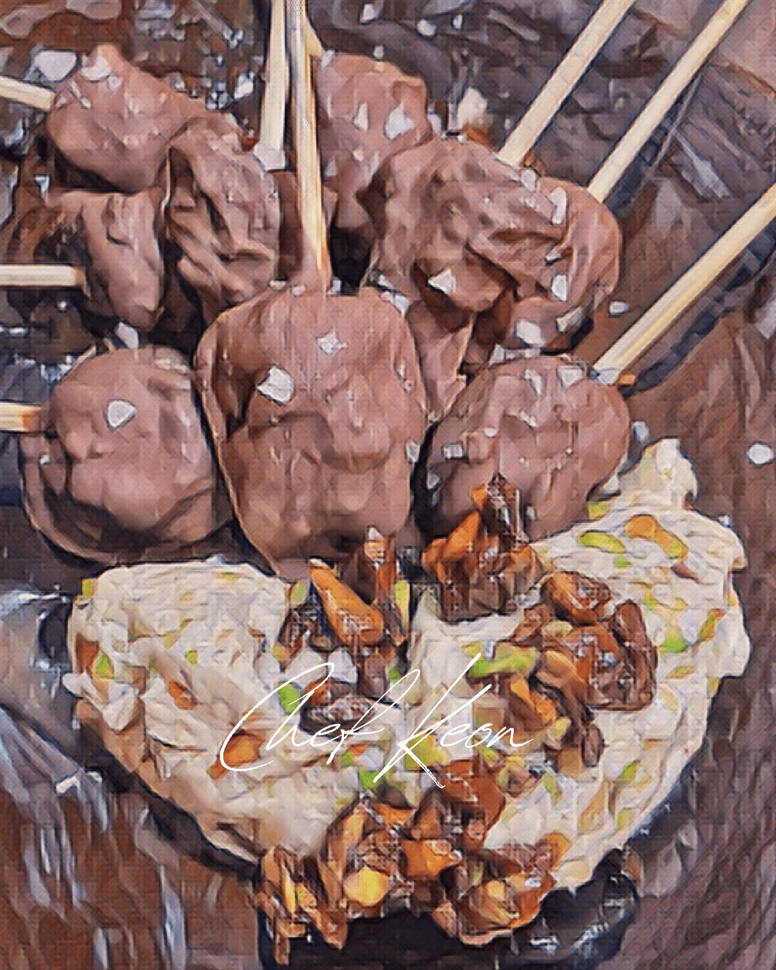 Skewers of grilled meat and vegetables on a plate with paper, garnished with herbs, and a decorative element.