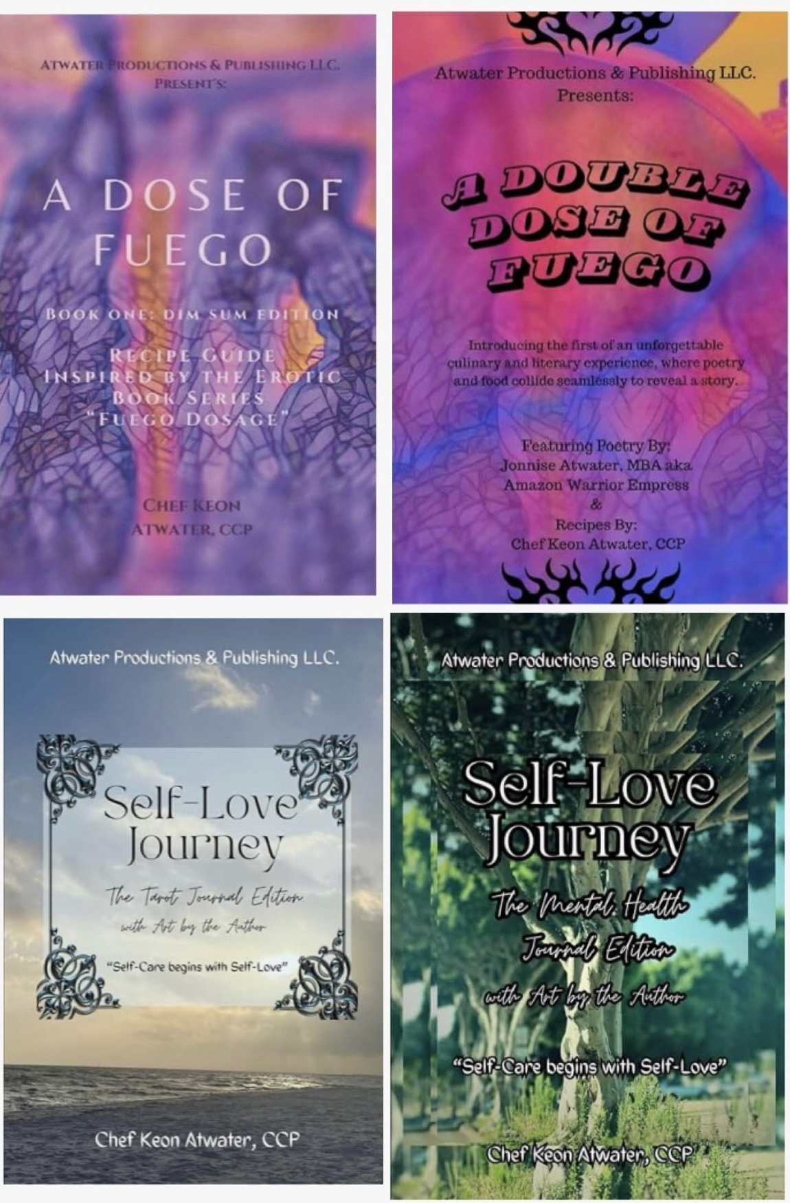 Two book covers titled 'A Dose of Fuego' and 'A Double Dose of Fuego' with colorful backgrounds, titles, and author information.