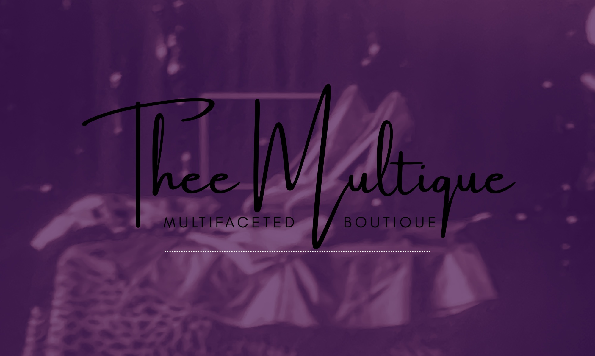 Logo with text 'Thee Multique Multifacted Boutique' on a purple background.