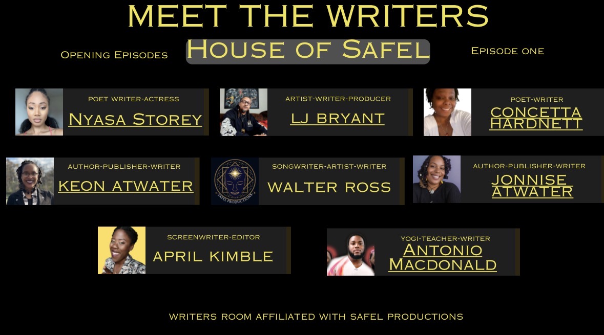Title screen with text about writers and production team, black background, yellow and white text, and headshots of individuals.