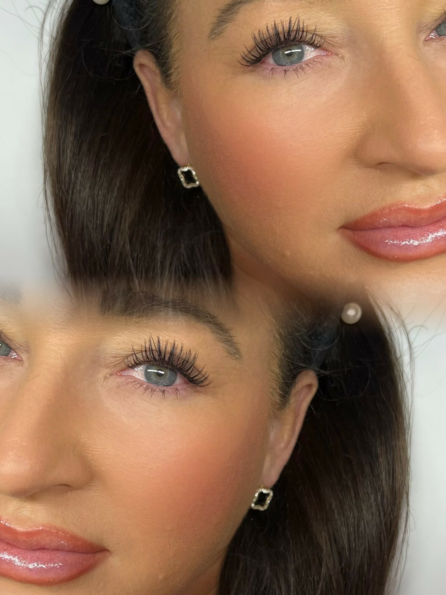 Close-up of a woman's face showing her eye, cheek, and lips with makeup and earrings.