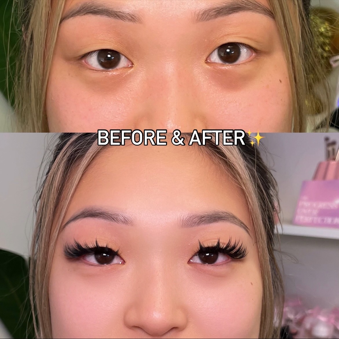 Close-up of a woman's face showing before and after makeup application, focusing on eyes and eyebrows.