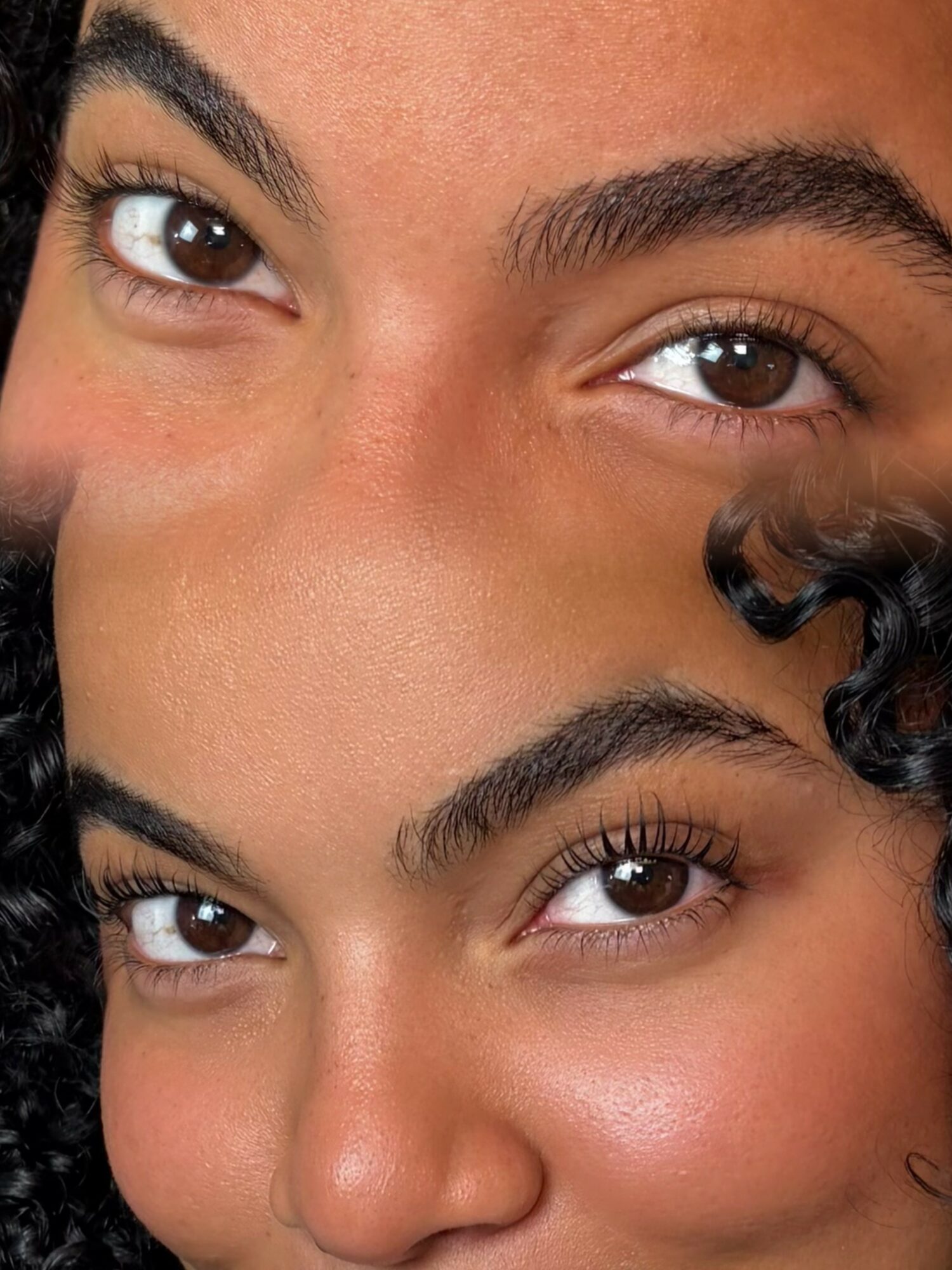 Close-up of two people's eyes and eyebrows, showing skin texture and eye details.