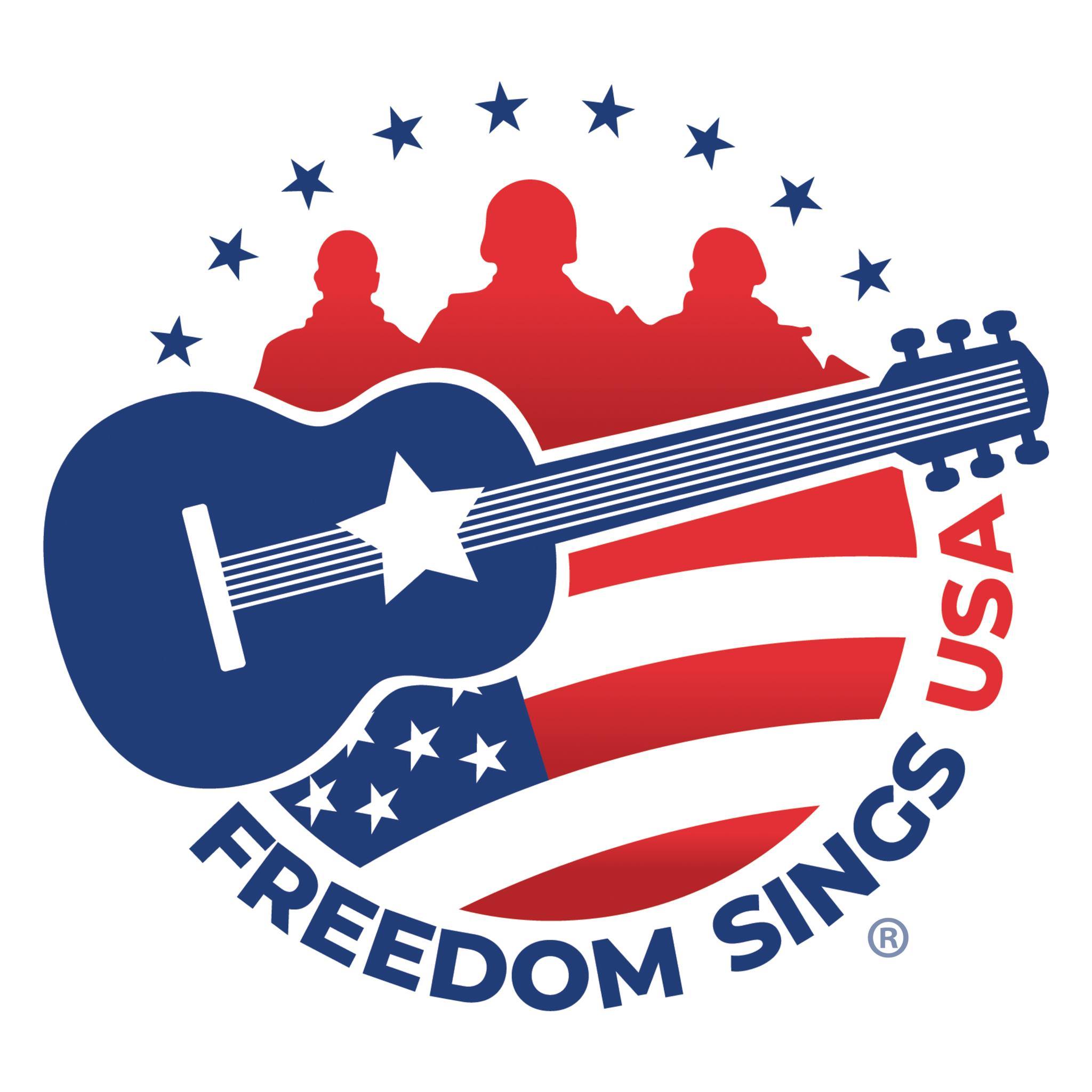 Logo with a blue guitar, red silhouettes of three people, stars, and American flag elements, with the text 'FREEDOM SINGS USA'.