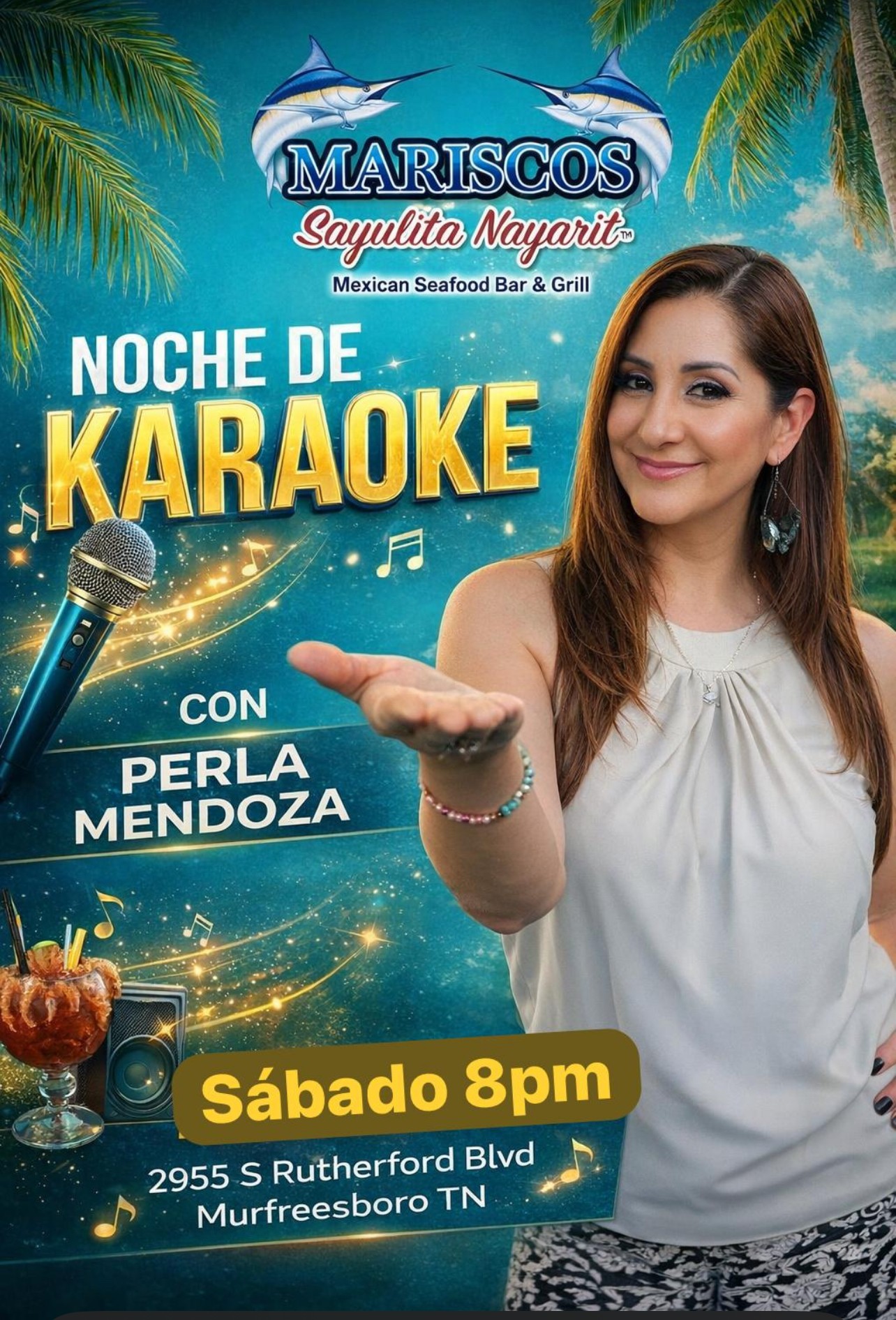 Woman smiling and gesturing with her hand, promotional poster for karaoke night at Mariscos Sayulita Nayarit, Saturday 8 pm, address included.