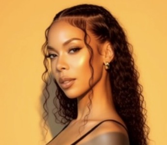 Woman with curly hair and earrings against yellow background, looking at camera with confident expression.