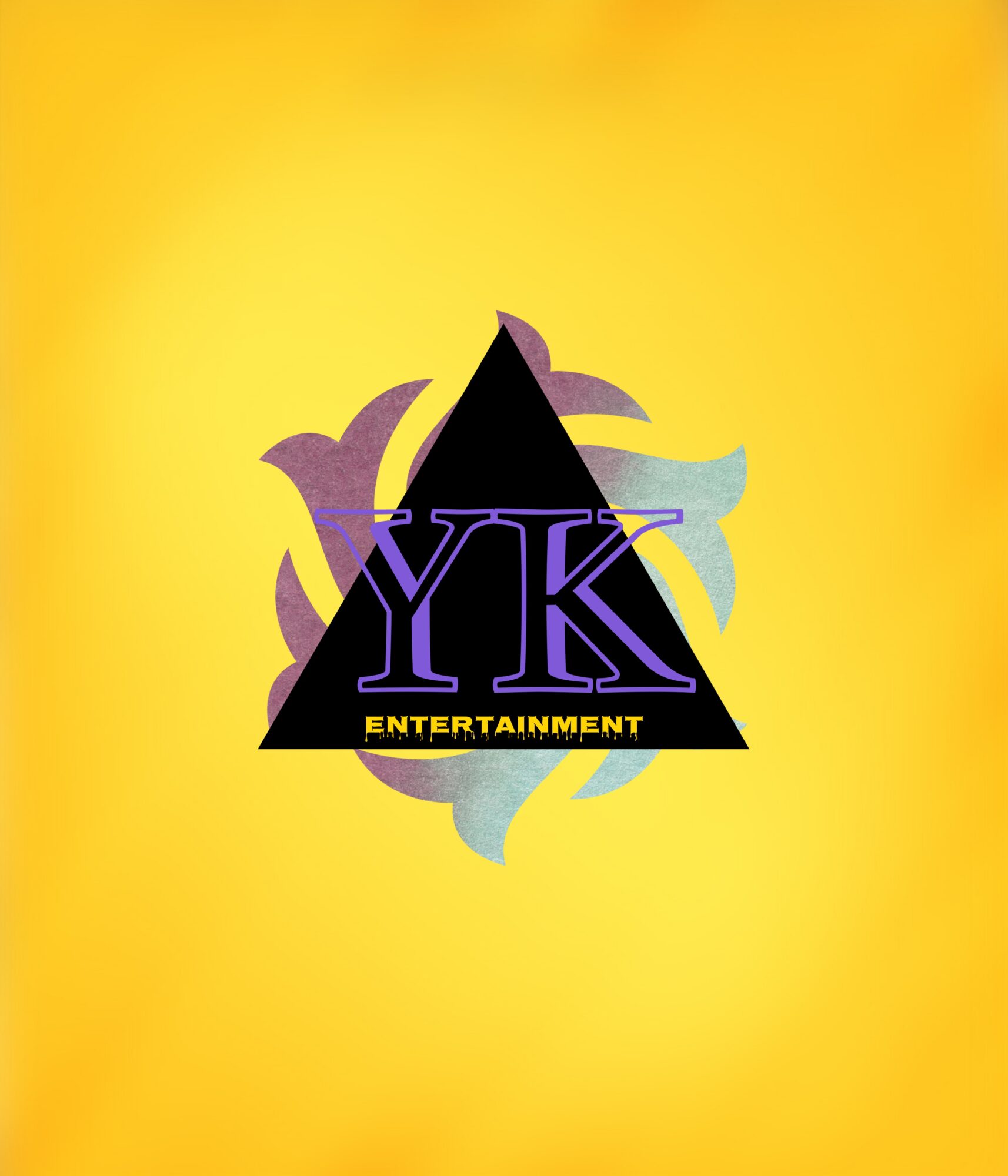 Logo with a black triangle, purple and blue letters, and yellow text on a yellow background.